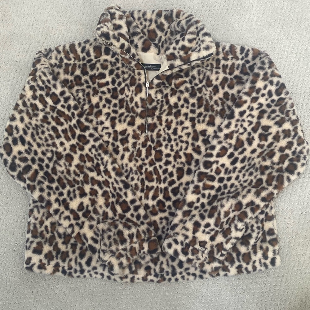 Leopard print fuzzy soft quarter zip pullover